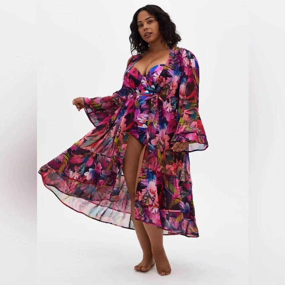 TORRID Vibrant Floral Swimsuit + Belted Cover Up - Picture 2 of 11